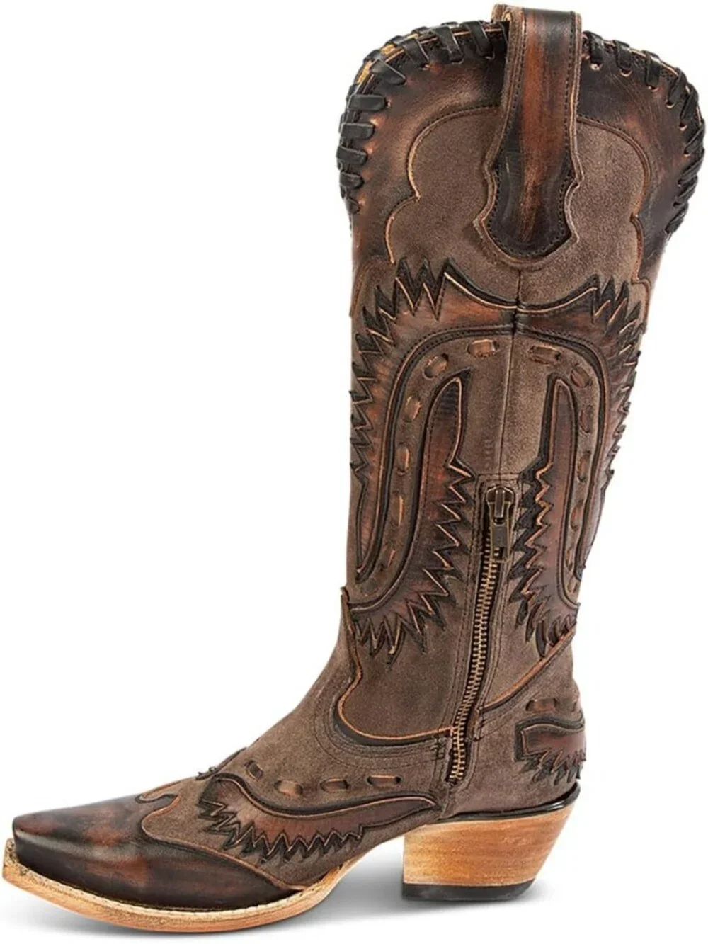 Women's Dark Brown Swallow Chunky Low Heels Western Cowboy Knee High Boots